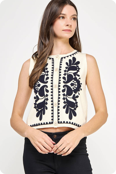 Embroidered Vest Top Ivory & Black