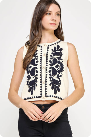 Embroidered Vest Top Ivory & Black