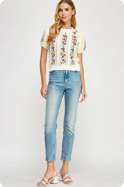 Floral Embroidered Top Cream