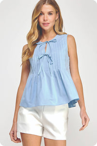 Pintuck Tie Sleeveless Top Chambray