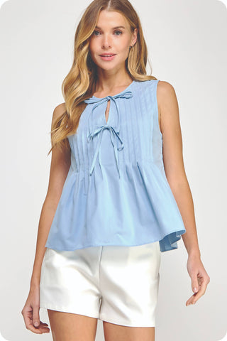 Pintuck Tie Sleeveless Top Chambray