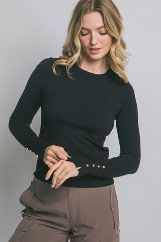 Fitted Button Sleeve Sweater Black