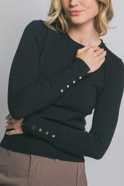 Fitted Button Sleeve Sweater Black