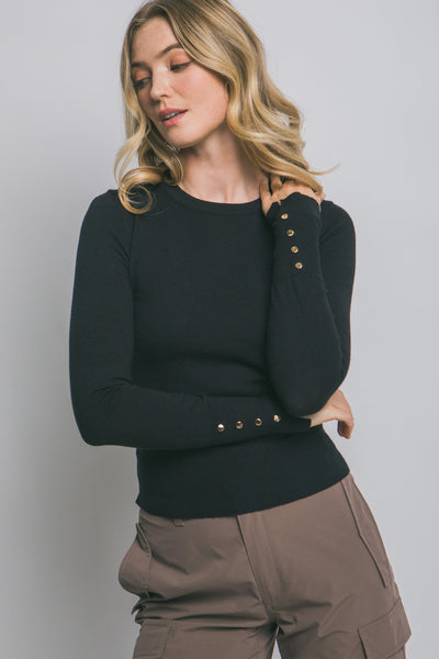 Fitted Button Sleeve Sweater Black