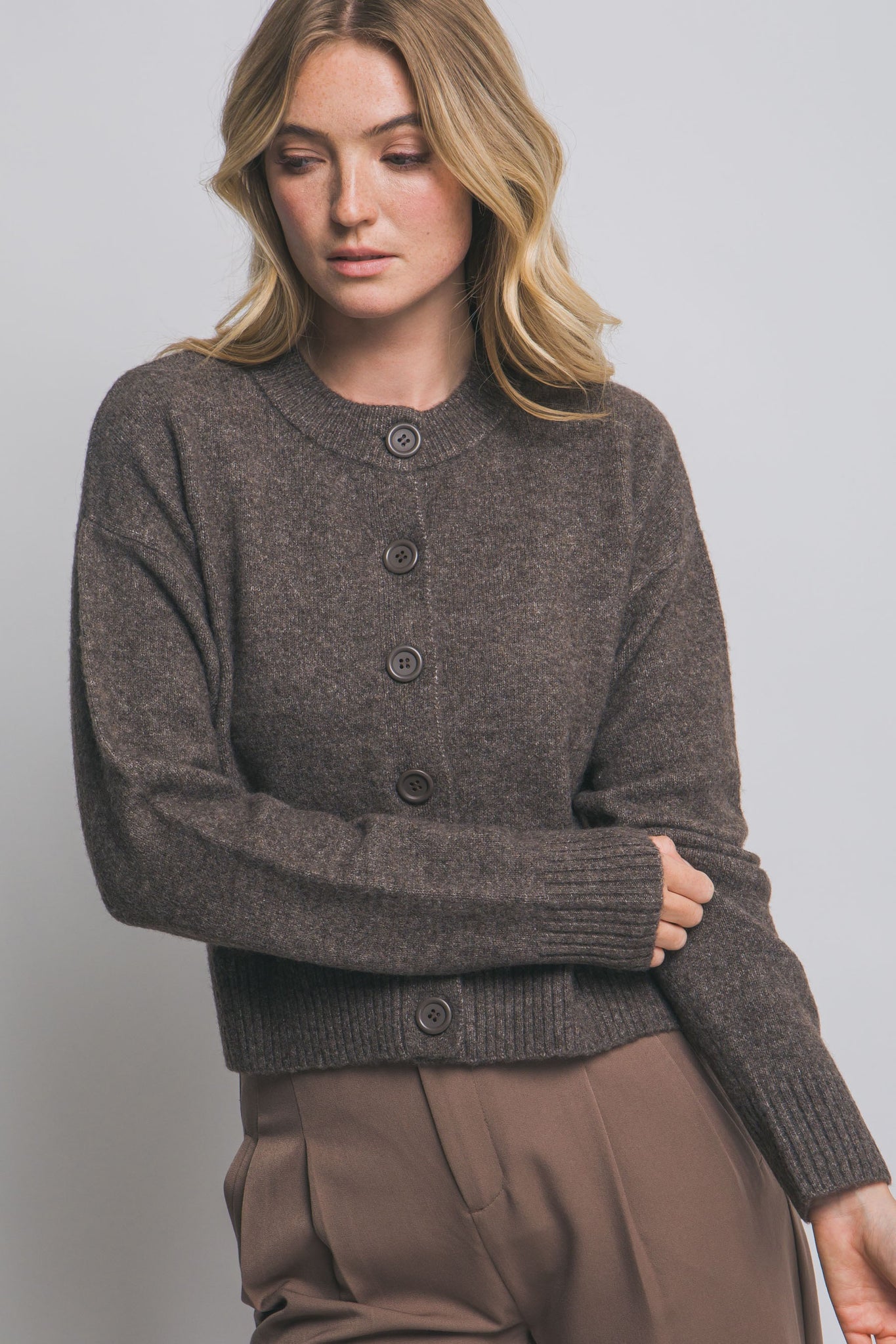 Mocha Crew Neck Cardigan