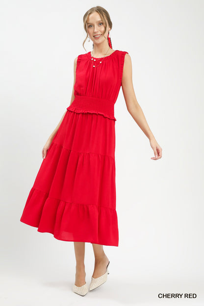 Smocked Waist Tiered Midi Dress for Women with Flowy Tiered Skirt and Elegant Boutique Style