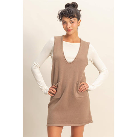 V Neck Sleeveless Knit Mini Dress – Mocha Brown