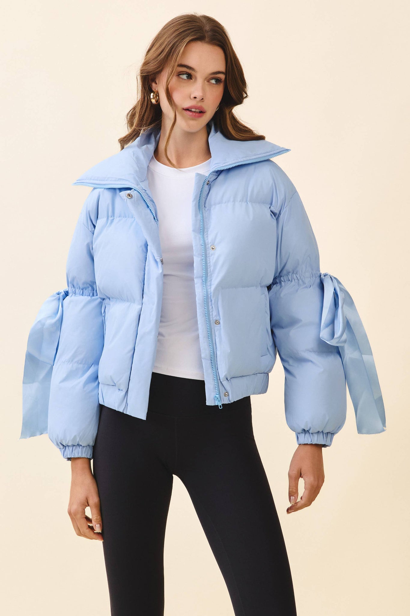Bow Sleeve Puffer Jacket in Baby Blue
