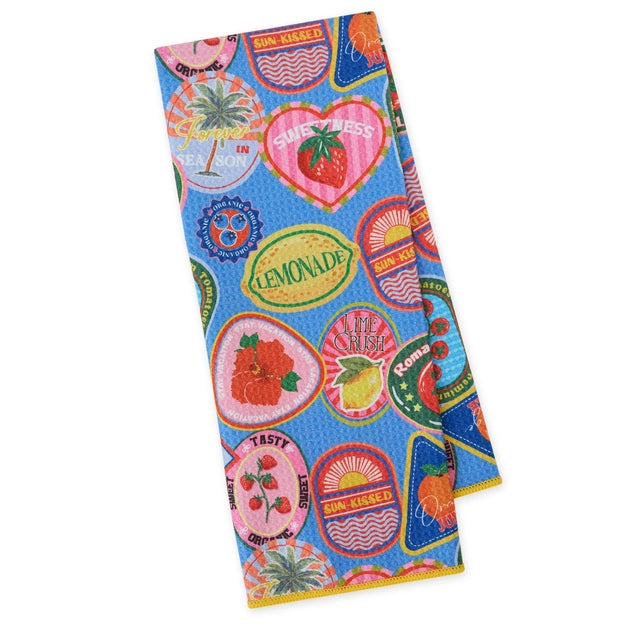 Colorful towel with summer-themed graphics on a white background