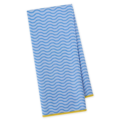 Blue wavy patterned towel with yellow trim on a white background