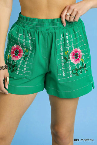 Boho Embroidered Shorts Green