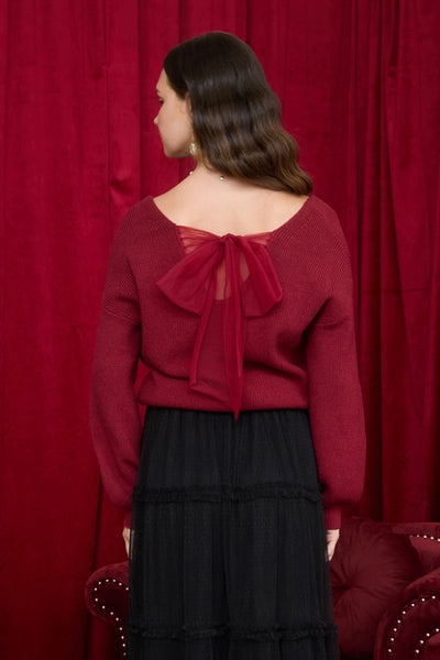 Back Bow Tie Detail Sweater – Burgundy