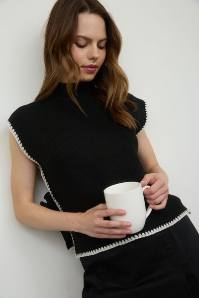 Contrast Stitch Side Tie Sweater Black