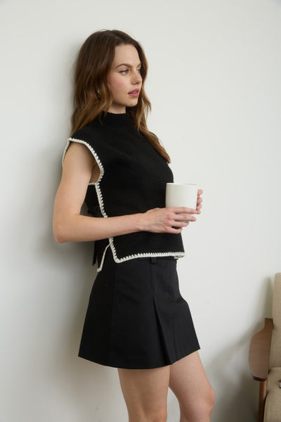 Contrast Stitch Side Tie Sweater Black
