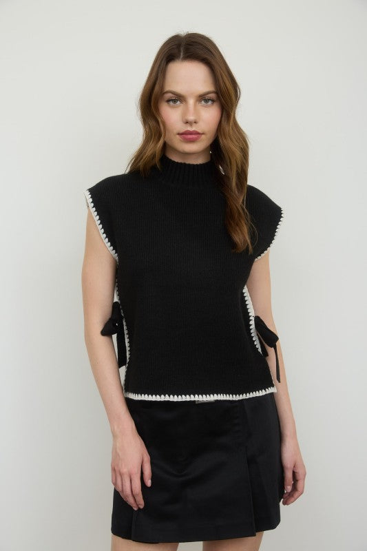 Contrast Stitch Side Tie Sweater Black