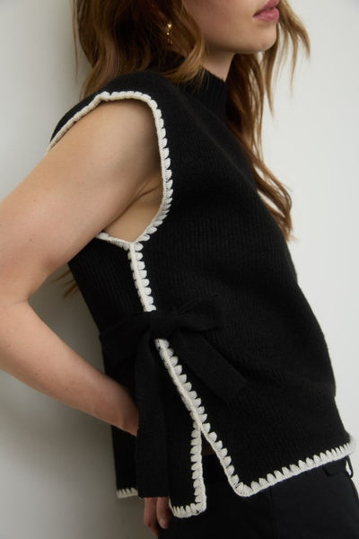 Contrast Stitch Side Tie Sweater Black