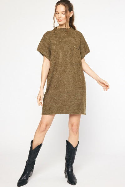 Mock Neck Sweater Mini Dress Olive