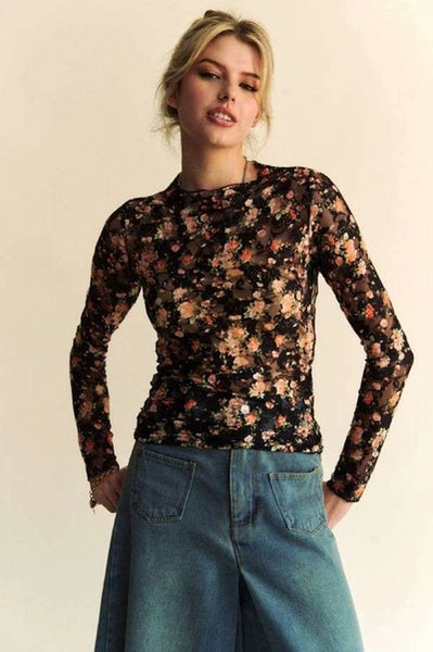 Floral Print Mesh Top