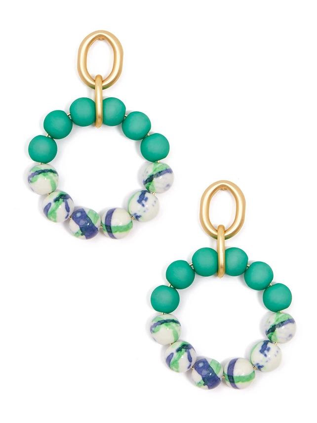 Porcelain Beaded Drop Hoop Earring Green