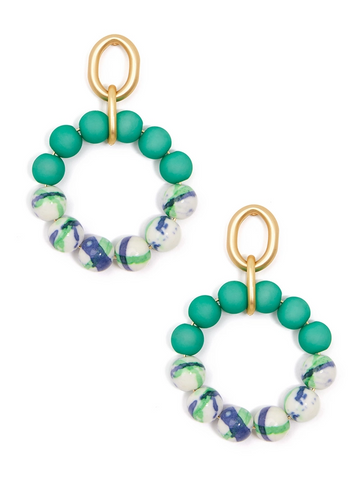 Porcelain Beaded Drop Hoop Earring Green