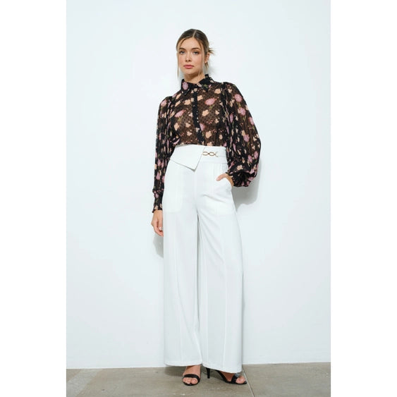 Pleated Sleeve Floral Print Blouse