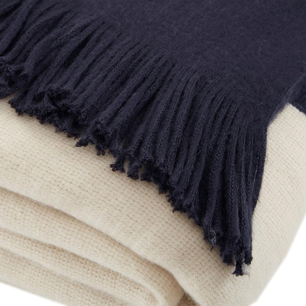 Cashmere-Like Fringed Throw Blanket Navy