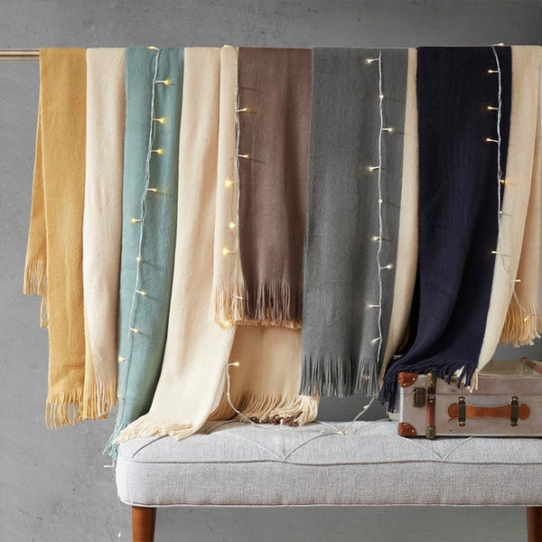 Cashmere-Like Fringed Throw Blanket Navy