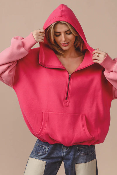 Color Block Fleece Hoodie Pink