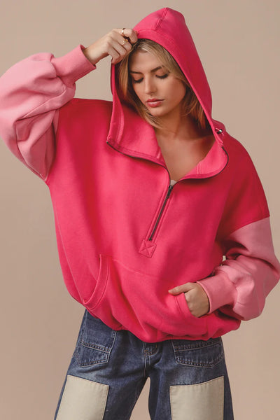 Color Block Fleece Hoodie Pink