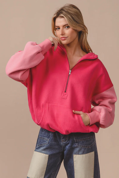 Color Block Fleece Hoodie Pink