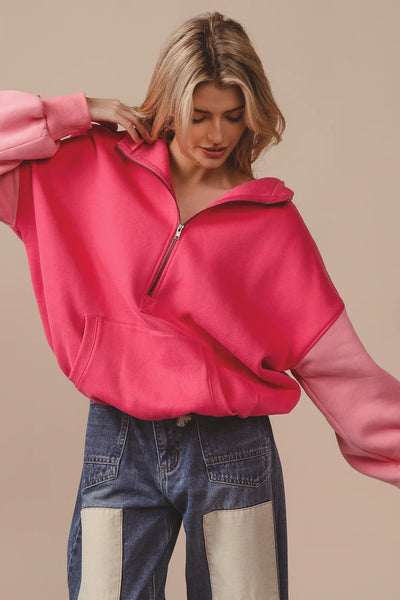 Color Block Fleece Hoodie Pink