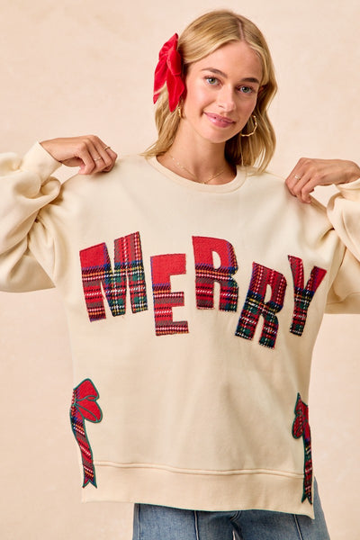 Merry Plaid Christmas Bow Patch Sweatshirt