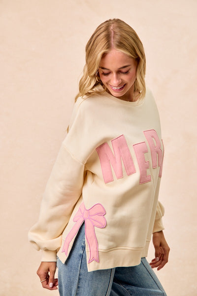 Merry Pink Christmas Bow Patch Sweatshirt