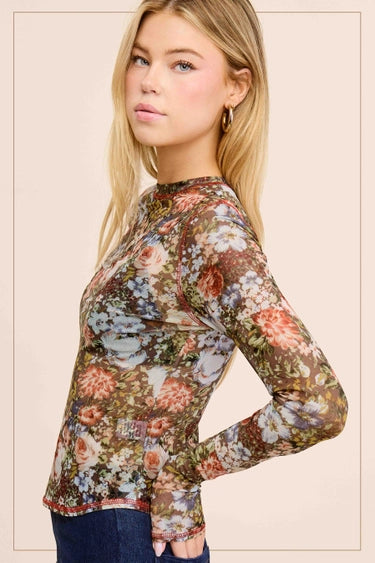 Semi Sheer Floral Mesh Top Hazelnut