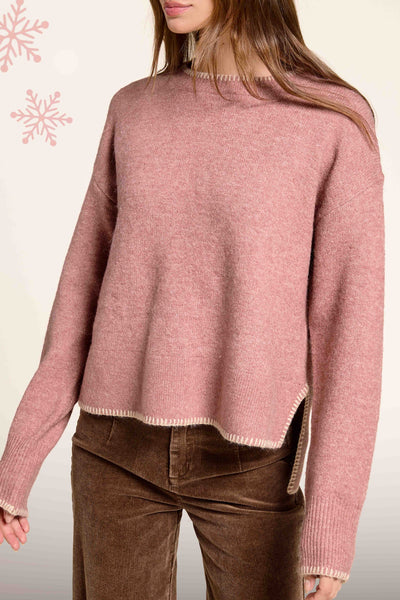 Crewneck Sweater with Blanket Stitch Pink