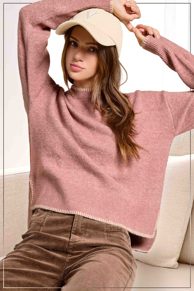 Crewneck Sweater with Blanket Stitch Pink