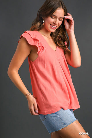 Veronica Pleated V-Neck Top Coral