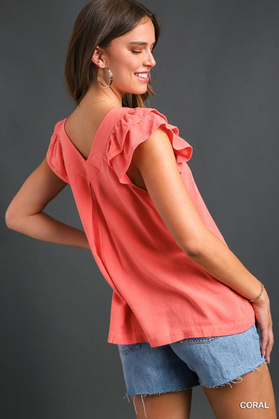 Veronica Pleated V-Neck Top Coral