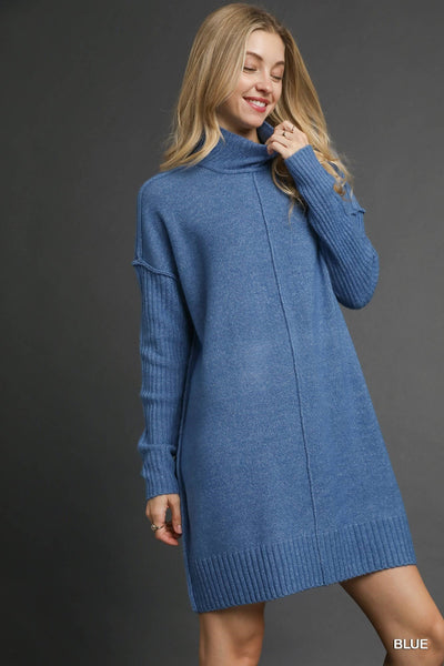 Cozy Knit Turtleneck Sweater Dress – Soft Blue