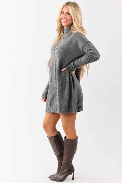 Cozy Knit Turtleneck Sweater Dress – Charcoal
