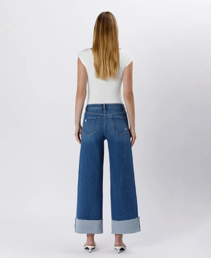 High Rise Cuffed Ankle Wide Leg Jeans