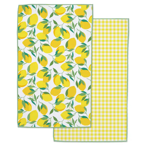 Reversible kitchen towel with yellow gingham pattern on back