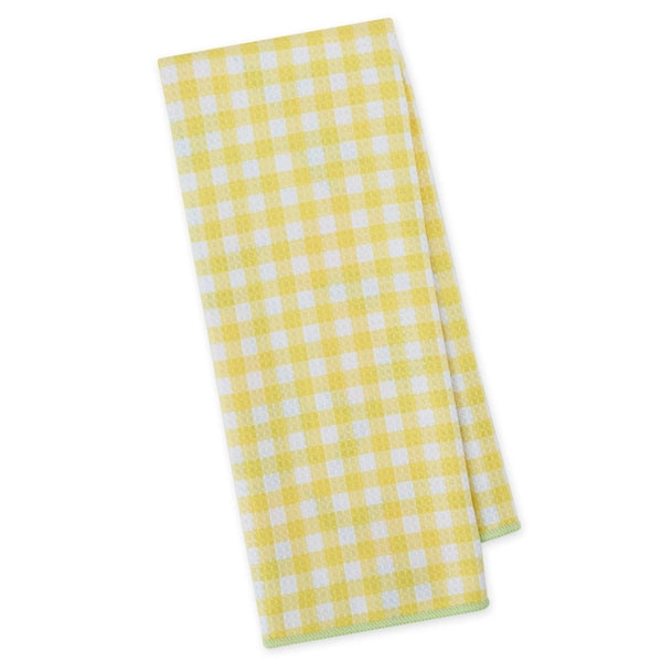 Reversible kitchen towel with yellow gingham pattern on back