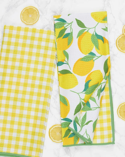 Spring kitchen decor featuring lemon themed dish towel