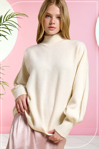 Balloon Sleeves Mock Neck Sweater Almond Milk