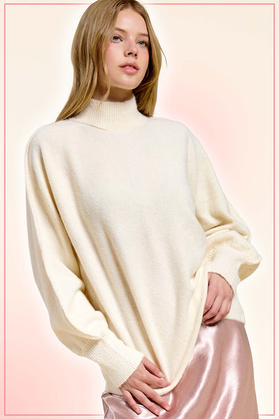 Balloon Sleeves Mock Neck Sweater Almond Milk