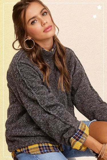 Balloon Sleeves Mock Neck Sweater Charcoal