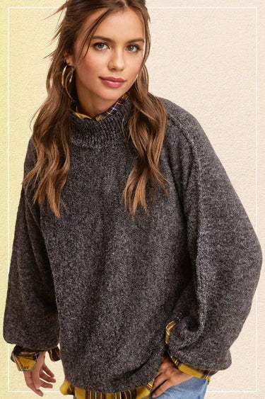 Balloon Sleeves Mock Neck Sweater Charcoal