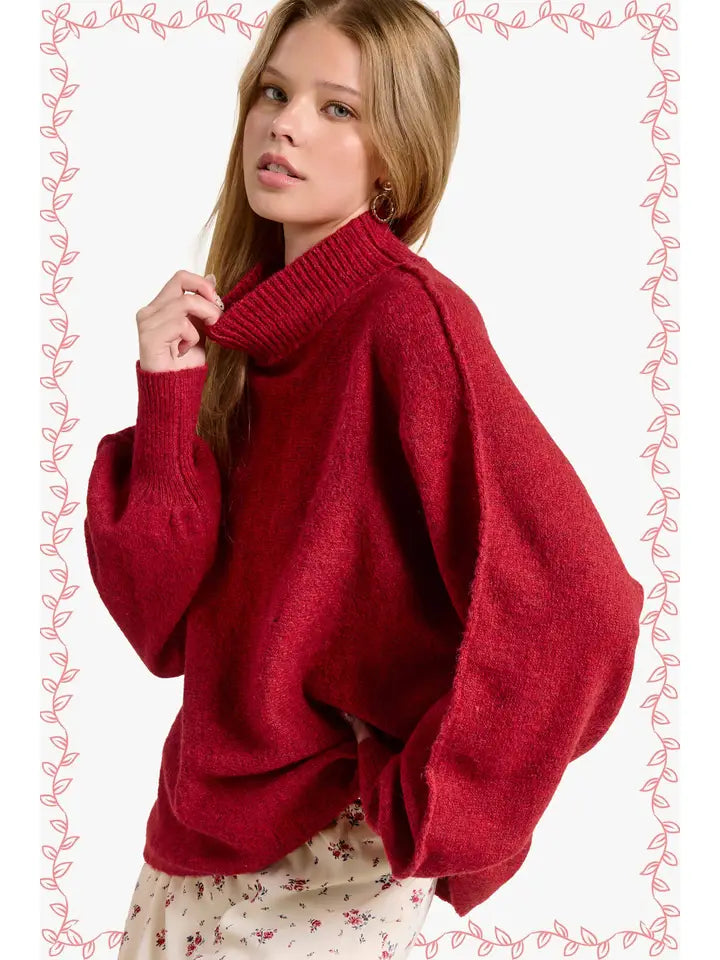 Balloon Sleeves Mock Neck Sweater Sangria