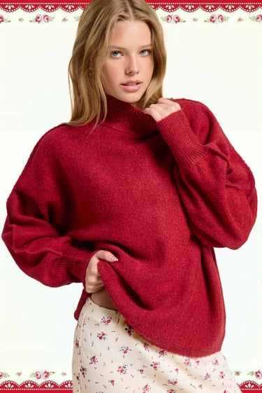 Balloon Sleeves Mock Neck Sweater Sangria